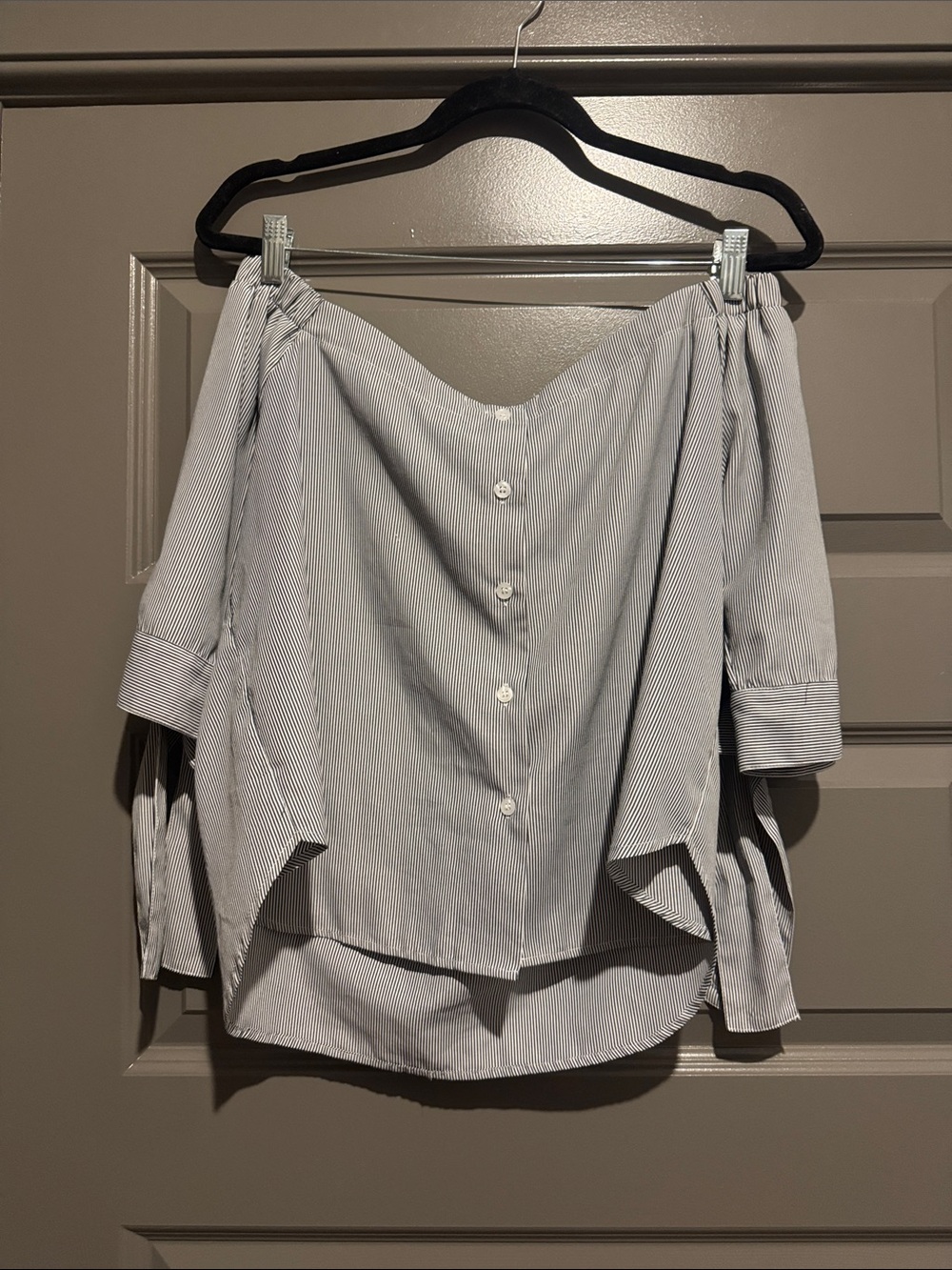 FAVLUX Light Blue Pinstripe Off-Shoulder Button-Front Blouse